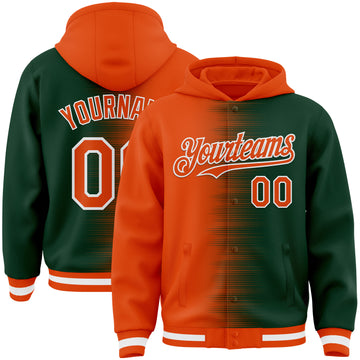 Custom Orange Green-White Gradient Line Bomber Full-Snap Varsity Letterman Hoodie Jacket