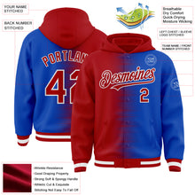 Load image into Gallery viewer, Custom Red Thunder Blue-White Gradient Line Bomber Full-Snap Varsity Letterman Hoodie Jacket
