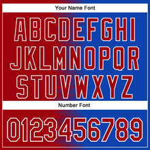 Load image into Gallery viewer, Custom Red Thunder Blue-White Gradient Line Bomber Full-Snap Varsity Letterman Hoodie Jacket
