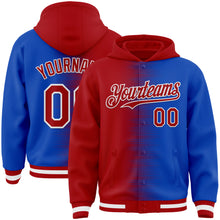 Load image into Gallery viewer, Custom Red Thunder Blue-White Gradient Line Bomber Full-Snap Varsity Letterman Hoodie Jacket

