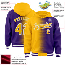 Charger l'image dans la galerie, Custom Gold Purple-White Gradient Line Bomber Full-Snap Varsity Letterman Hoodie Jacket
