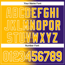 Charger l'image dans la galerie, Custom Gold Purple-White Gradient Line Bomber Full-Snap Varsity Letterman Hoodie Jacket
