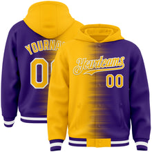 Charger l'image dans la galerie, Custom Gold Purple-White Gradient Line Bomber Full-Snap Varsity Letterman Hoodie Jacket
