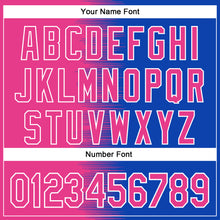 Load image into Gallery viewer, Custom Pink Thunder Blue-White Gradient Line Bomber Full-Snap Varsity Letterman Hoodie Jacket
