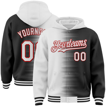 Custom White Black-Red Gradient Line Bomber Full-Snap Varsity Letterman Hoodie Jacket