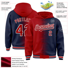 Load image into Gallery viewer, Custom Red Navy-White Gradient Line Bomber Full-Snap Varsity Letterman Hoodie Jacket
