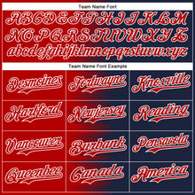 Load image into Gallery viewer, Custom Red Navy-White Gradient Line Bomber Full-Snap Varsity Letterman Hoodie Jacket
