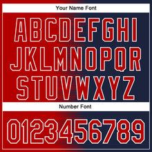 Load image into Gallery viewer, Custom Red Navy-White Gradient Line Bomber Full-Snap Varsity Letterman Hoodie Jacket
