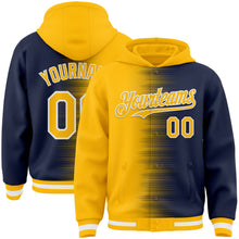 Charger l'image dans la galerie, Custom Gold Navy-White Gradient Line Bomber Full-Snap Varsity Letterman Hoodie Jacket
