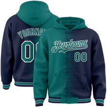 Load image into Gallery viewer, Custom Teal Navy-White Gradient Line Bomber Full-Snap Varsity Letterman Hoodie Jacket
