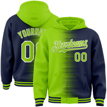 Load image into Gallery viewer, Custom Neon Green Navy-White Gradient Line Bomber Full-Snap Varsity Letterman Hoodie Jacket
