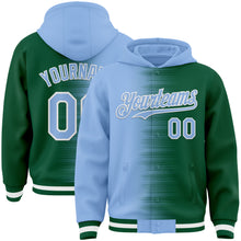 Load image into Gallery viewer, Custom Light Blue Kelly Green-White Gradient Line Bomber Full-Snap Varsity Letterman Hoodie Jacket
