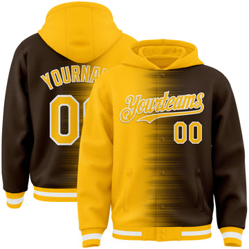 Custom Gold Brown-White Gradient Line Bomber Full-Snap Varsity Letterman Hoodie Jacket