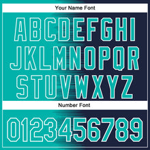 Charger l'image dans la galerie, Custom Aqua Navy-White Gradient Line Bomber Full-Snap Varsity Letterman Hoodie Jacket
