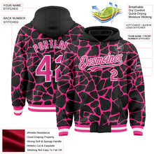 Laden Sie das Bild in den Galerie-Viewer, Custom Black Pink-White Abstract Network 3D Pattern Design Bomber Full-Snap Varsity Letterman Hoodie Jacket
