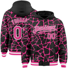 Laden Sie das Bild in den Galerie-Viewer, Custom Black Pink-White Abstract Network 3D Pattern Design Bomber Full-Snap Varsity Letterman Hoodie Jacket
