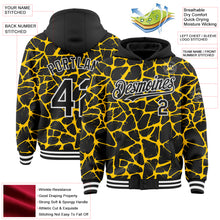 Load image into Gallery viewer, Custom Black Yellow-White Abstract Network 3D Pattern Design Bomber Full-Snap Varsity Letterman Hoodie Jacket
