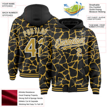 Charger l'image dans la galerie, Custom Black Old Gold-White Abstract Network 3D Pattern Design Bomber Full-Snap Varsity Letterman Hoodie Jacket
