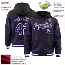 Load image into Gallery viewer, Custom Black Purple-White Abstract Network 3D Pattern Design Bomber Full-Snap Varsity Letterman Hoodie Jacket
