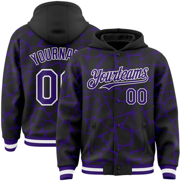 Custom Black Purple-White Abstract Network 3D Pattern Design Bomber Full-Snap Varsity Letterman Hoodie Jacket