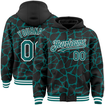 Custom Black Teal-White Abstract Network 3D Pattern Design Bomber Full-Snap Varsity Letterman Hoodie Jacket