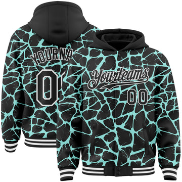 Custom Black Ice Blue-White Abstract Network 3D Pattern Design Bomber Full-Snap Varsity Letterman Hoodie Jacket