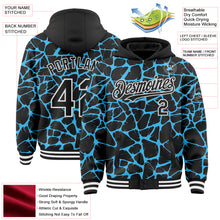 Charger l'image dans la galerie, Custom Black Sky Blue-White Abstract Network 3D Pattern Design Bomber Full-Snap Varsity Letterman Hoodie Jacket
