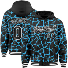 Charger l'image dans la galerie, Custom Black Sky Blue-White Abstract Network 3D Pattern Design Bomber Full-Snap Varsity Letterman Hoodie Jacket
