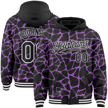 Custom Black Medium Purple-White Abstract Network 3D Pattern Design Bomber Full-Snap Varsity Letterman Hoodie Jacket
