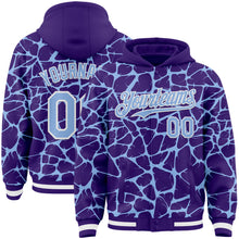 Laden Sie das Bild in den Galerie-Viewer, Custom Purple Light Blue-White Abstract Network 3D Pattern Design Bomber Full-Snap Varsity Letterman Hoodie Jacket
