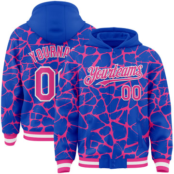 Custom Thunder Blue Pink-White Abstract Network 3D Pattern Design Bomber Full-Snap Varsity Letterman Hoodie Jacket