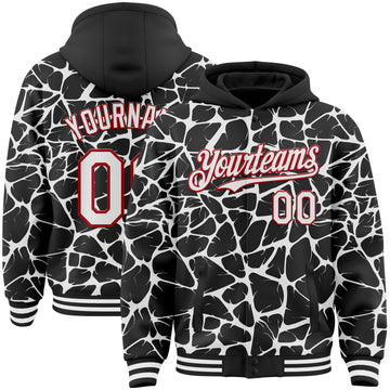 Custom Black White-Red Abstract Network 3D Pattern Design Bomber Full-Snap Varsity Letterman Hoodie Jacket