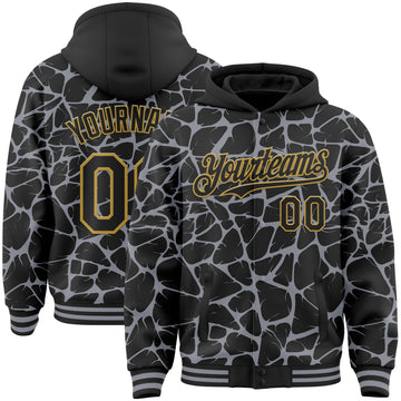 Custom Black Gray-Old Gold Abstract Network 3D Pattern Design Bomber Full-Snap Varsity Letterman Hoodie Jacket