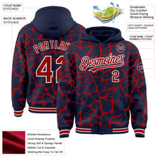 Load image into Gallery viewer, Custom Navy Red-White Abstract Network 3D Pattern Design Bomber Full-Snap Varsity Letterman Hoodie Jacket
