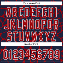 Load image into Gallery viewer, Custom Navy Red-White Abstract Network 3D Pattern Design Bomber Full-Snap Varsity Letterman Hoodie Jacket
