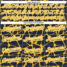 Load image into Gallery viewer, Custom Navy Gold-White Abstract Network 3D Pattern Design Bomber Full-Snap Varsity Letterman Hoodie Jacket
