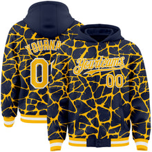 Load image into Gallery viewer, Custom Navy Gold-White Abstract Network 3D Pattern Design Bomber Full-Snap Varsity Letterman Hoodie Jacket
