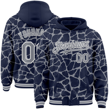 Custom Navy Gray-White Abstract Network 3D Pattern Design Bomber Full-Snap Varsity Letterman Hoodie Jacket