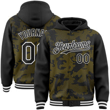 Load image into Gallery viewer, Custom Black Yellow-White Curve Lines 3D Pattern Design Bomber Full-Snap Varsity Letterman Hoodie Jacket

