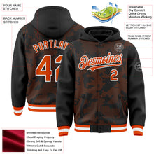 Load image into Gallery viewer, Custom Black Orange-White Curve Lines 3D Pattern Design Bomber Full-Snap Varsity Letterman Hoodie Jacket
