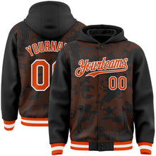 Load image into Gallery viewer, Custom Black Orange-White Curve Lines 3D Pattern Design Bomber Full-Snap Varsity Letterman Hoodie Jacket
