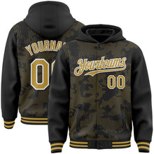 Charger l'image dans la galerie, Custom Black Old Gold-White Curve Lines 3D Pattern Design Bomber Full-Snap Varsity Letterman Hoodie Jacket
