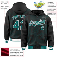 Load image into Gallery viewer, Custom Black Teal-White Curve Lines 3D Pattern Design Bomber Full-Snap Varsity Letterman Hoodie Jacket

