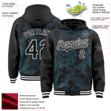 Load image into Gallery viewer, Custom Black Sky Blue-White Curve Lines 3D Pattern Design Bomber Full-Snap Varsity Letterman Hoodie Jacket
