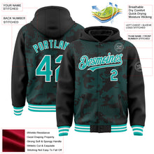 Load image into Gallery viewer, Custom Black Aqua-White Curve Lines 3D Pattern Design Bomber Full-Snap Varsity Letterman Hoodie Jacket
