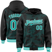 Load image into Gallery viewer, Custom Black Aqua-White Curve Lines 3D Pattern Design Bomber Full-Snap Varsity Letterman Hoodie Jacket
