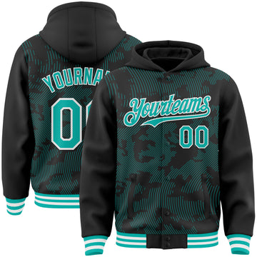 Custom Black Aqua-White Curve Lines 3D Pattern Design Bomber Full-Snap Varsity Letterman Hoodie Jacket