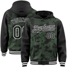 Load image into Gallery viewer, Custom Black Pea Green-White Curve Lines 3D Pattern Design Bomber Full-Snap Varsity Letterman Hoodie Jacket
