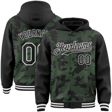 Custom Black Pea Green-White Curve Lines 3D Pattern Design Bomber Full-Snap Varsity Letterman Hoodie Jacket