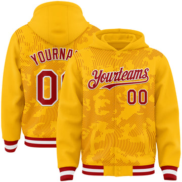 Custom Gold Red-White Curve Lines 3D Pattern Design Bomber Full-Snap Varsity Letterman Hoodie Jacket